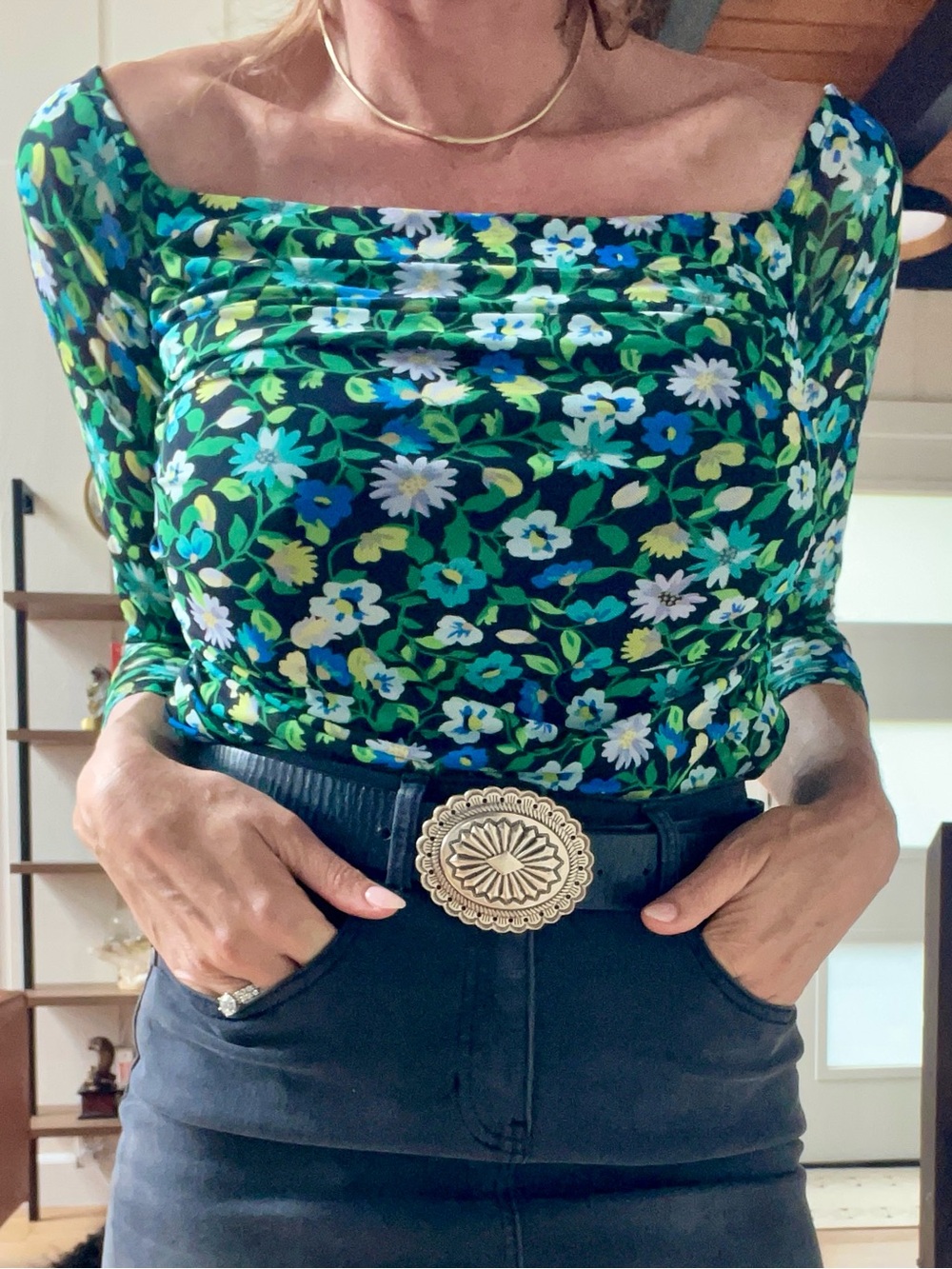 AFRM Floral Square-Neck Long Sleeve Top in Green & Blue